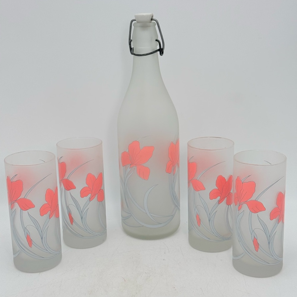Vintage Cerve Italy Decanter Set | Frosted Glass Iris | 4 Highball Glasses